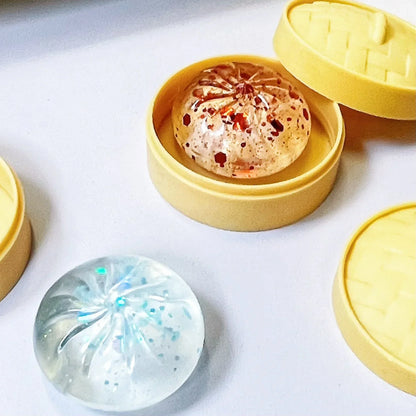 Crystal Mini Dumplings & Steamed Bun Squishy Set with Steamer Soft Squeeze Stress Relief Calming Fidget Toys Party Favors Gift