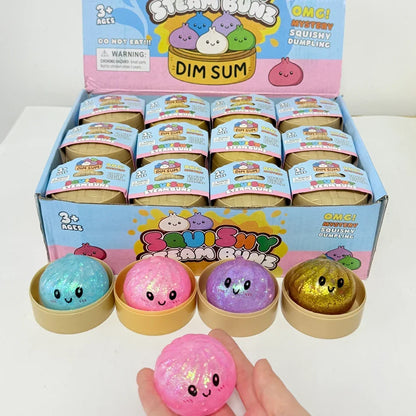 Glitter Dumpling Squishy with Box Dumplings Sensory Steamer Soft TPR Dough Ball for Decompression Fidget Toy Stress Relief Gift