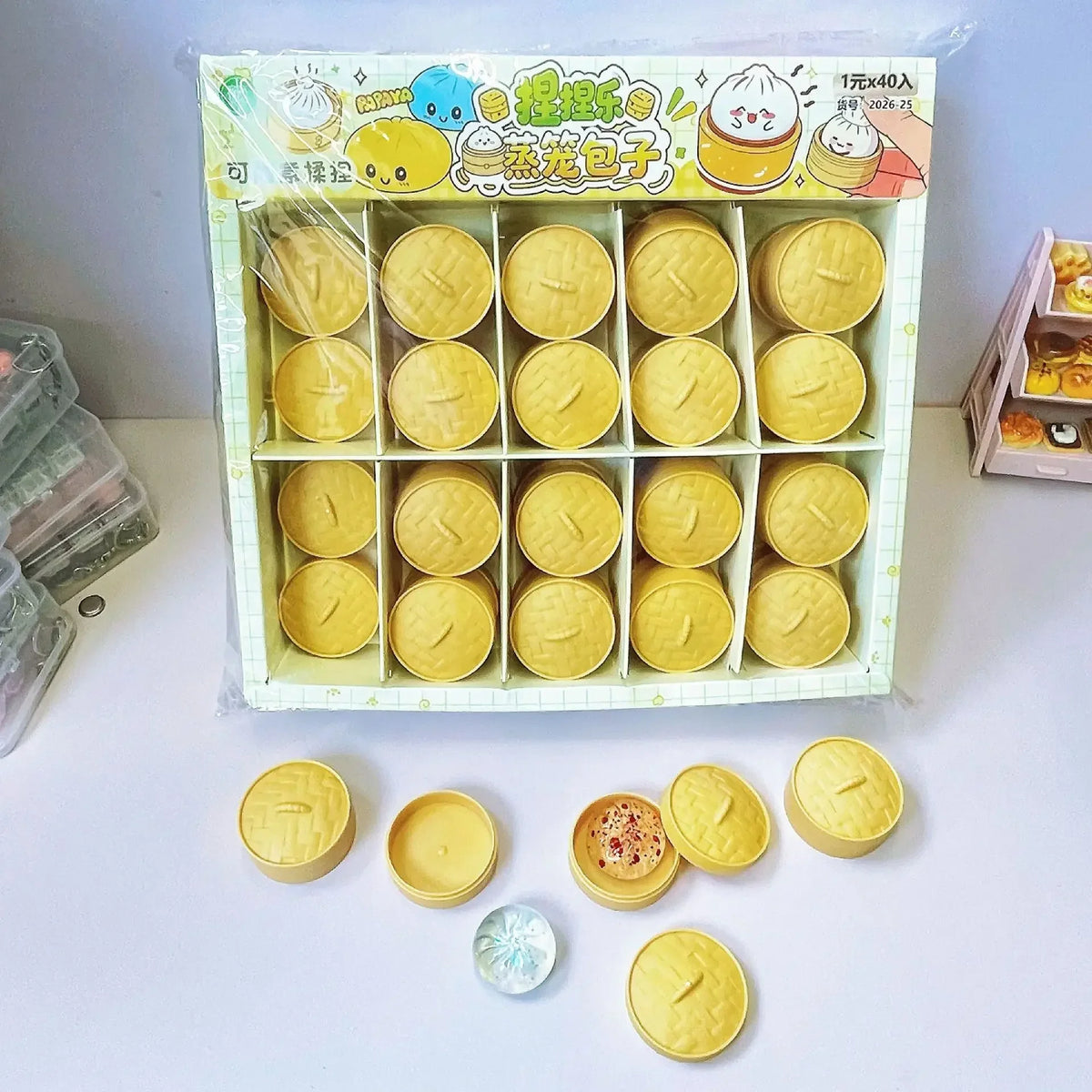 Crystal Mini Dumplings & Steamed Bun Squishy Set with Steamer Soft Squeeze Stress Relief Calming Fidget Toys Party Favors Gift