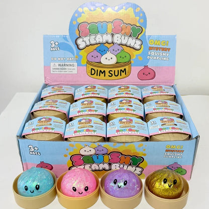 Glitter Dumpling Squishy with Box Dumplings Sensory Steamer Soft TPR Dough Ball for Decompression Fidget Toy Stress Relief Gift