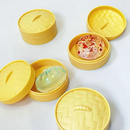 Crystal Mini Dumplings & Steamed Bun Squishy Set with Steamer Soft Squeeze Stress Relief Calming Fidget Toys Party Favors Gift