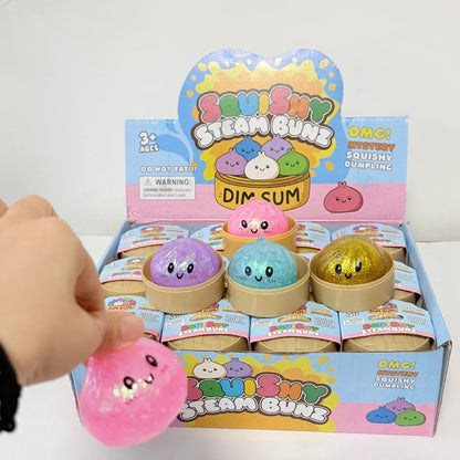 Glitter Dumpling Squishy with Box Dumplings Sensory Steamer Soft TPR Dough Ball for Decompression Fidget Toy Stress Relief Gift